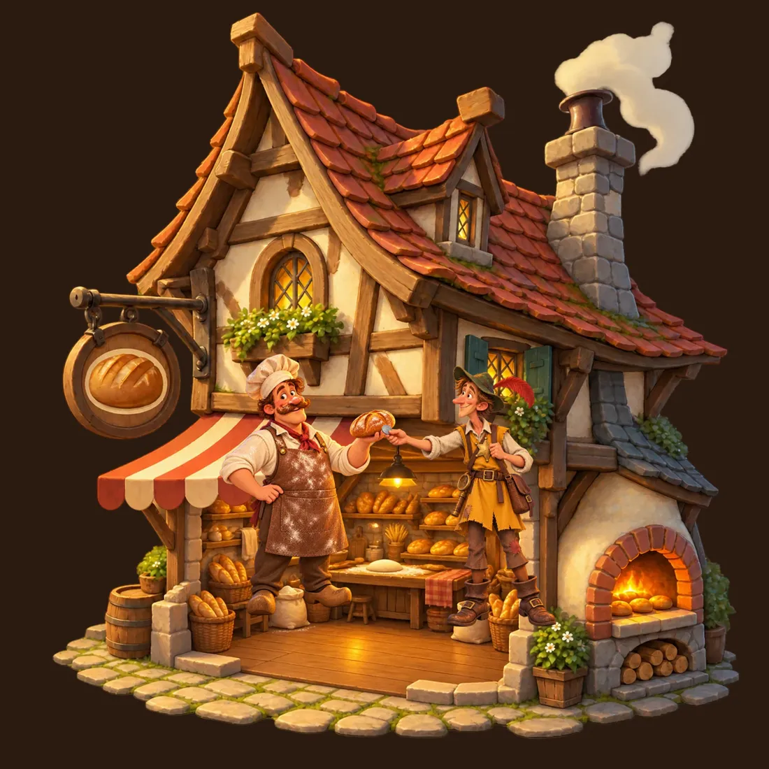 The bakery opened up like a doll's house: Hendrik the baker and Wilbur as a customer