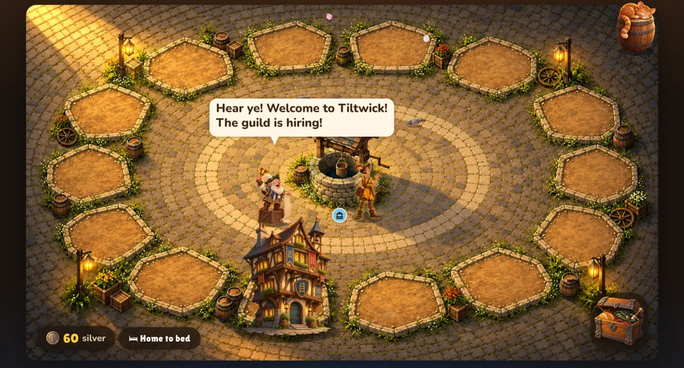The guild hall falls from the sky onto the empty square