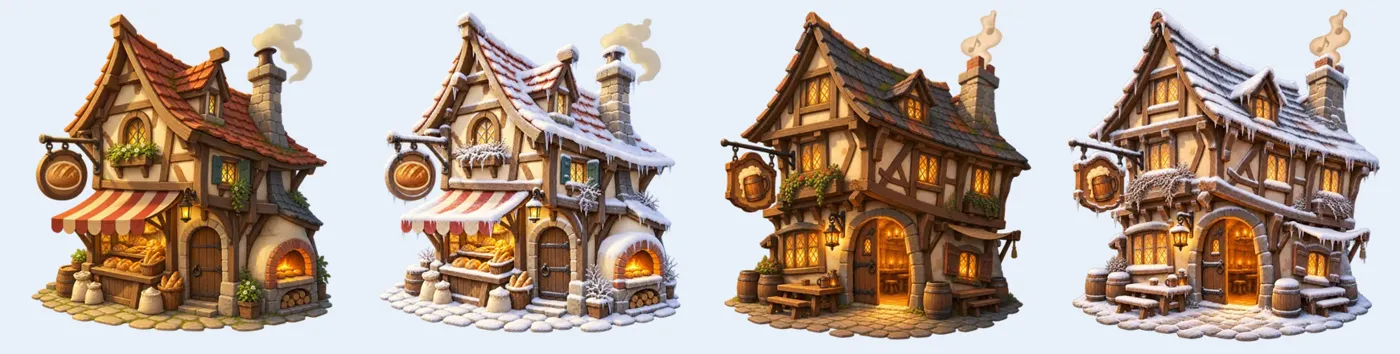 The bakery and the tavern in summer and in winter