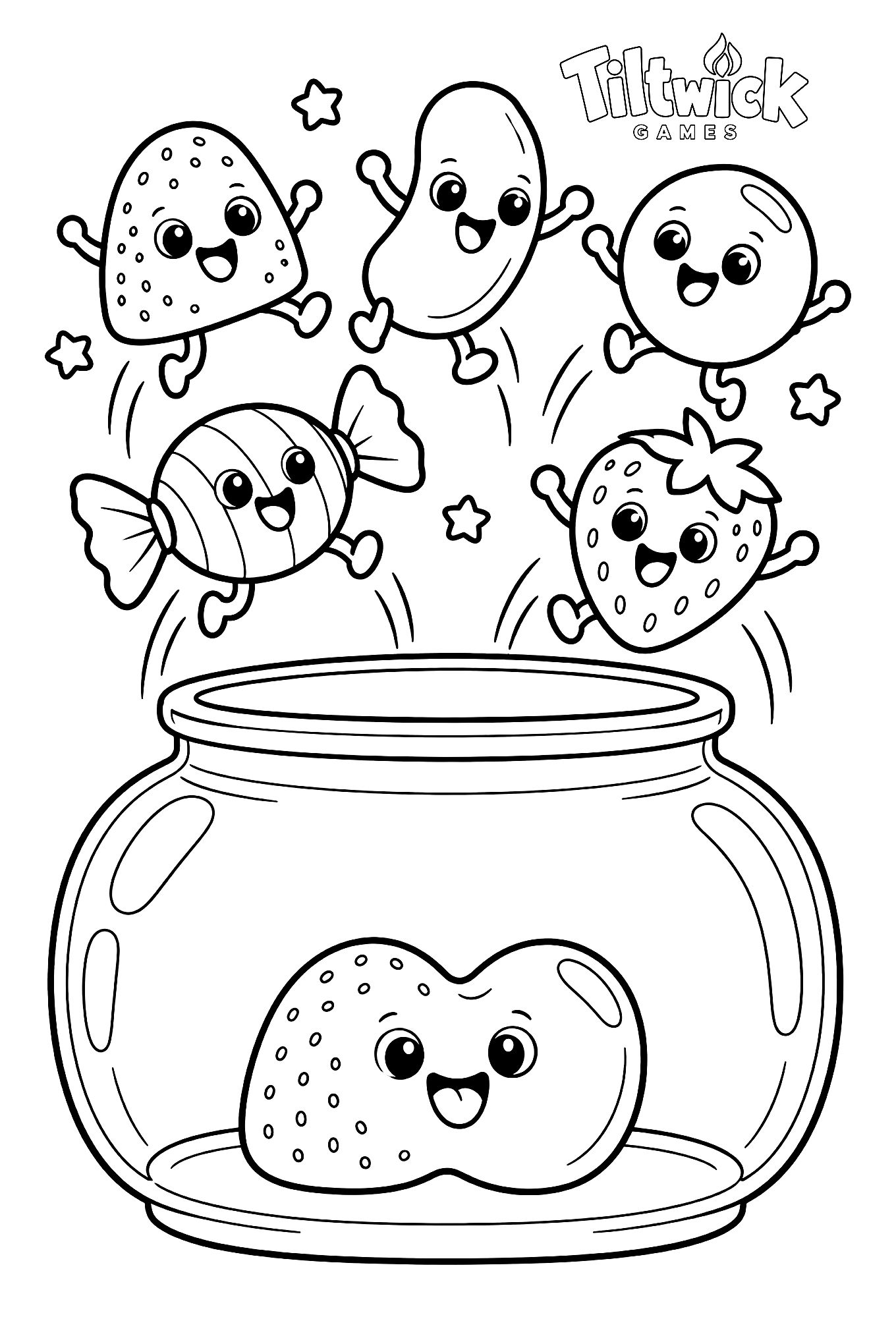 Candies plop into the jar coloring page: happy candy characters jumping into a big glass jar, where two of them have melted into one