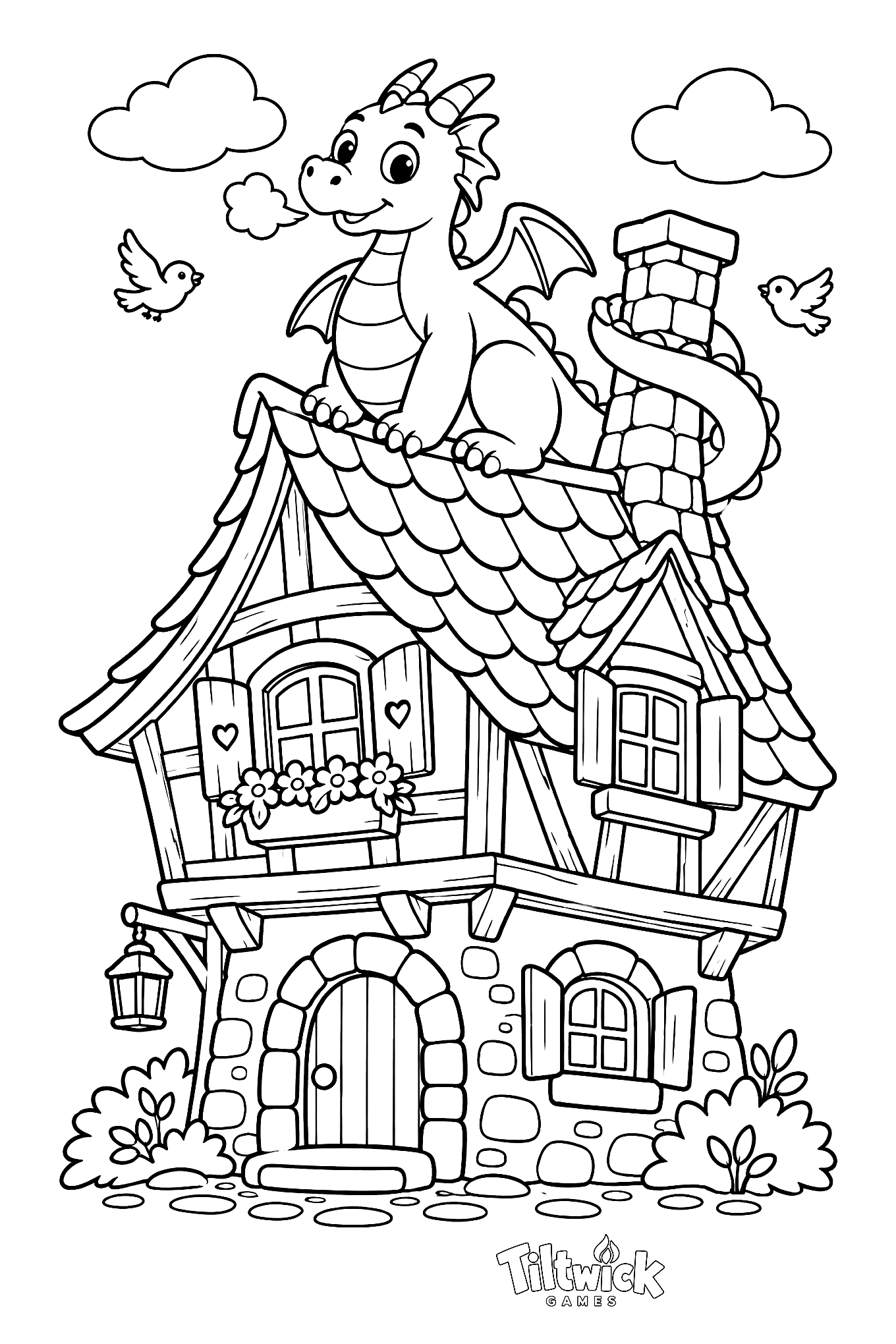 Dragon on the roof coloring page: a friendly dragon sitting on a crooked roof with its tail around the chimney, puffing a smoke cloud