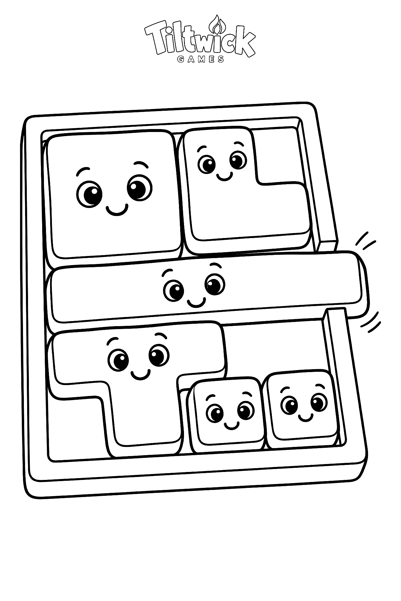 Jelly block puzzle coloring page: a wooden puzzle board with jelly blocks in many shapes, one of them sliding out through the exit