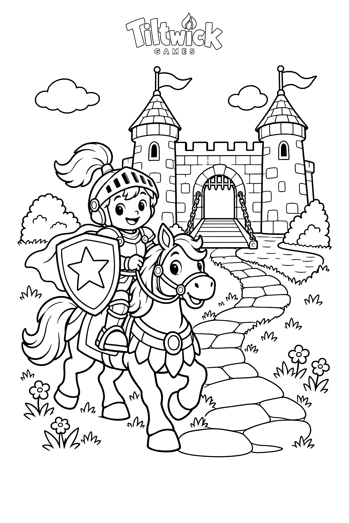 Knight and castle coloring page: a little knight on a cheerful horse in front of a castle with towers, flags and a drawbridge
