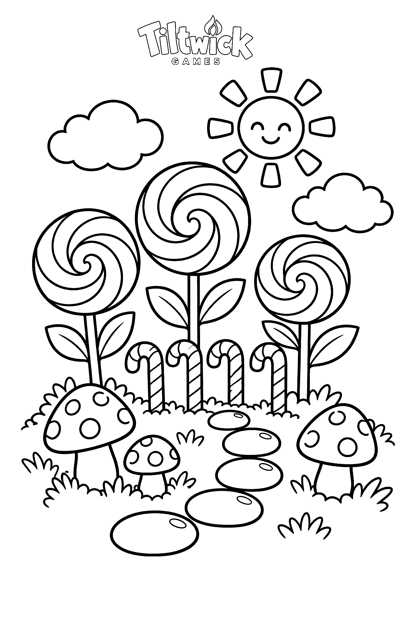 Lollipop garden coloring page: giant lollipops growing like flowers, a candy cane fence, gumdrop stepping stones and a smiling sun