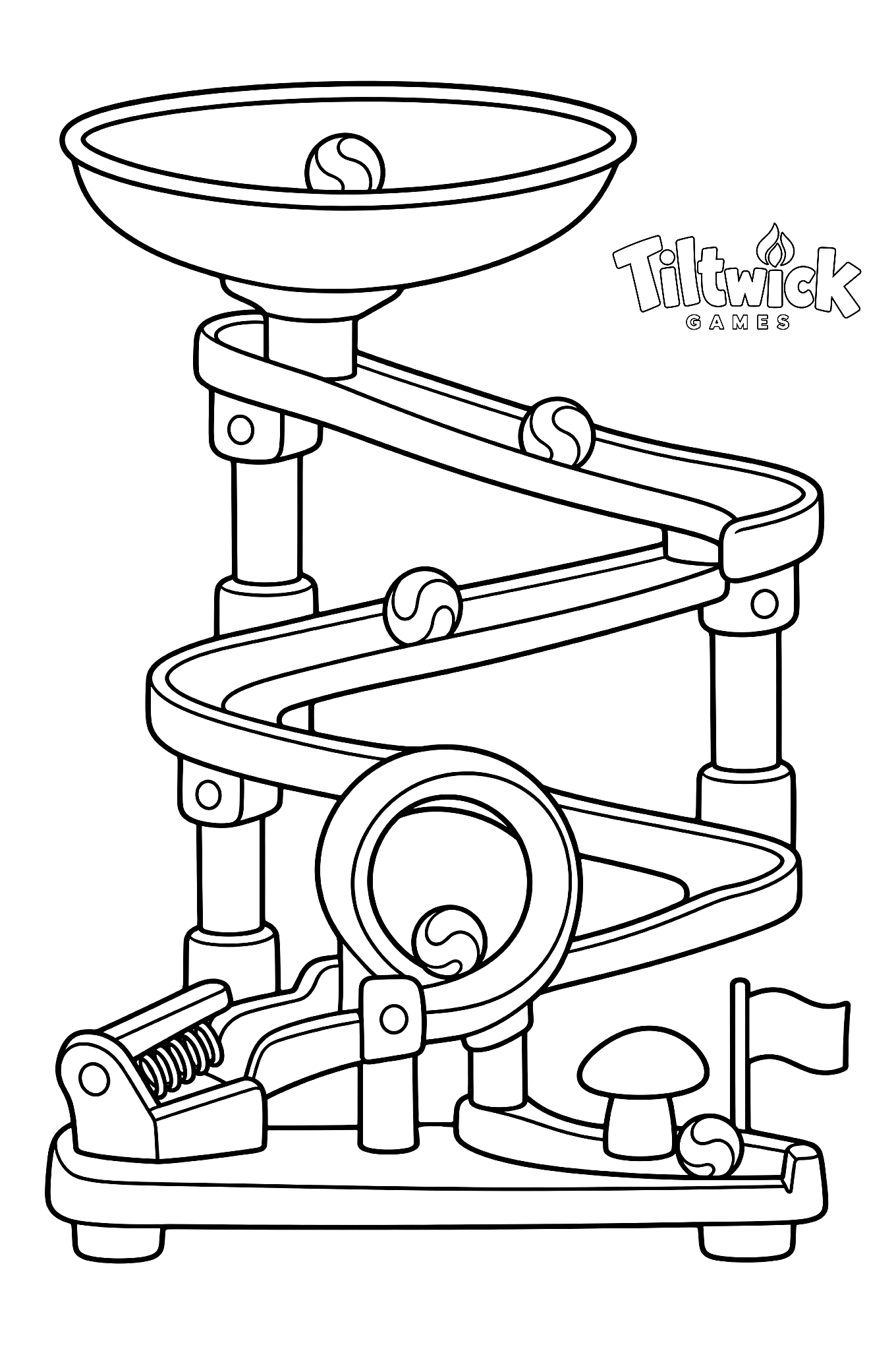 Marble run coloring page: a wooden marble run with a funnel, ramps, a loop, a spring, a bumper mushroom and a finish flag