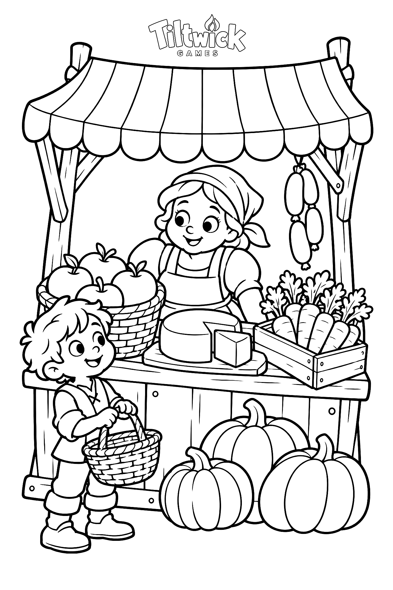 Market day coloring page: a market stall with a striped roof, apples, carrots, cheese, pumpkins, sausages, a market lady and a boy