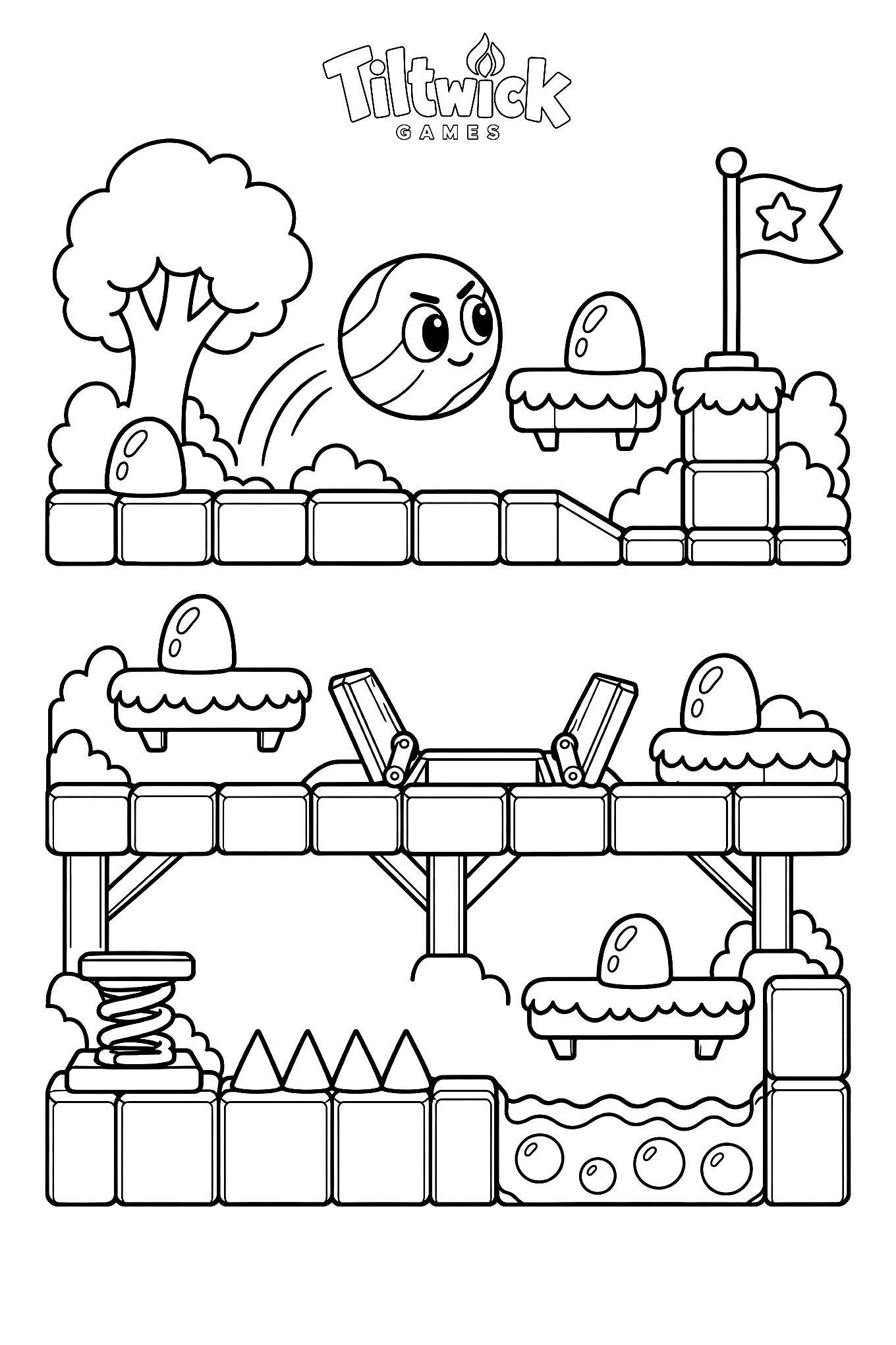 Game level coloring page: a side-view game level with platforms, a trapdoor, a spring, spikes, a lava pool, gumdrops and a flag
