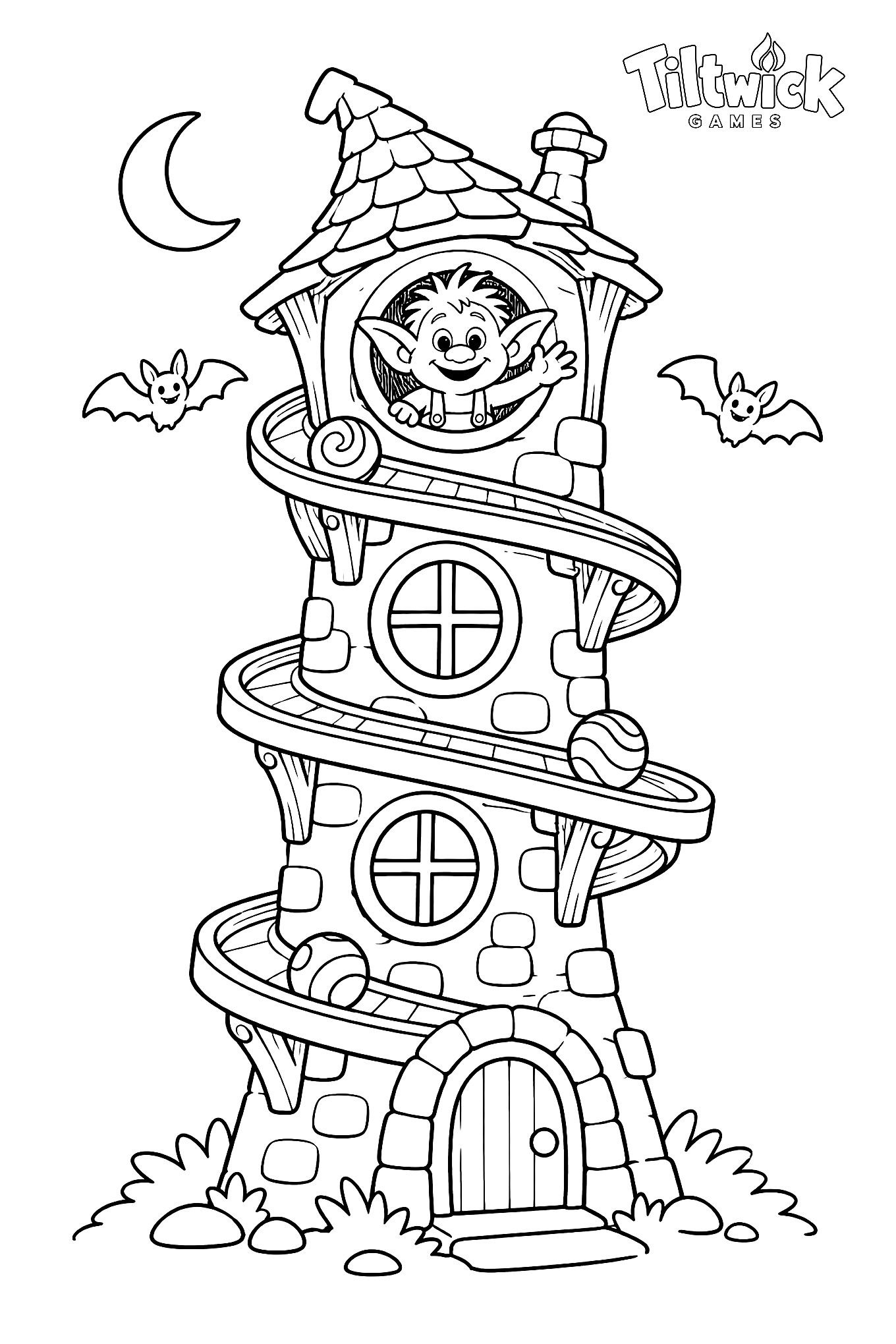 Troll tower coloring page: a crooked tower with a spiral marble track around it, a waving troll, bats and a crescent moon