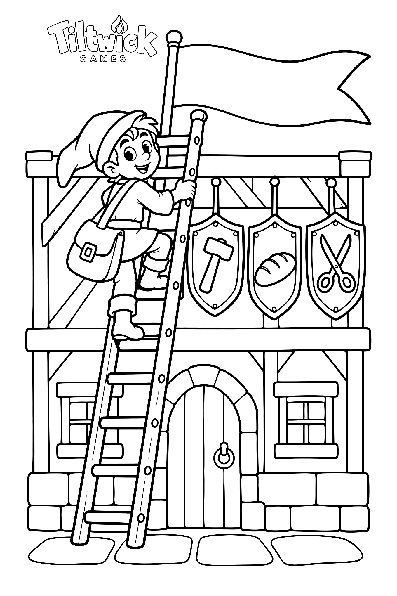 Wilbur on the guild ladder coloring page: young Wilbur with a big cap and a satchel climbing a ladder past guild shields to a red banner