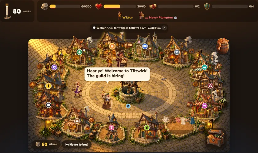 The town square of Wilbur Climbs the Guild Ladder: crooked houses around a well, the candle with 80 hours and the four goal bars