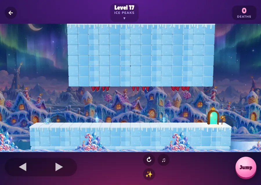 Level 17 of Gotcha Gumdrop in Ice Peaks: a ceiling of ice blocks with red icicles above the path to the door