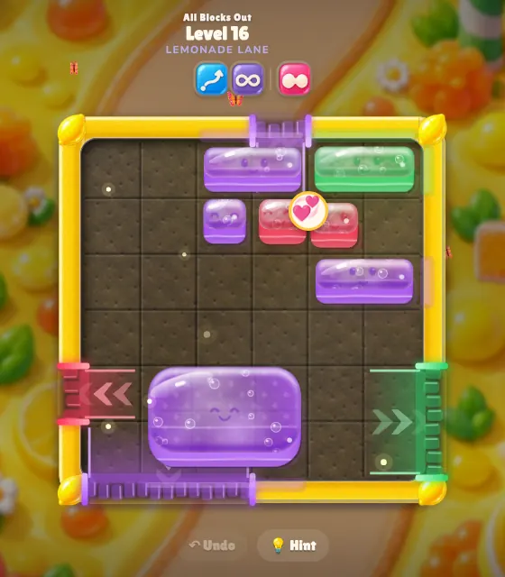 An All Blocks Out board with two red twin blocks next to each other and a heart button between them