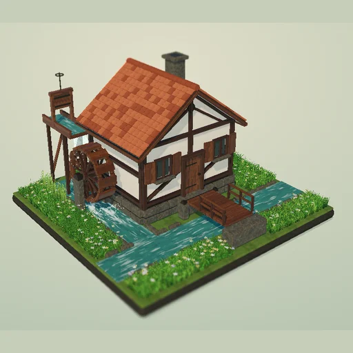 The new water mill with a terracotta roof and a turning wheel